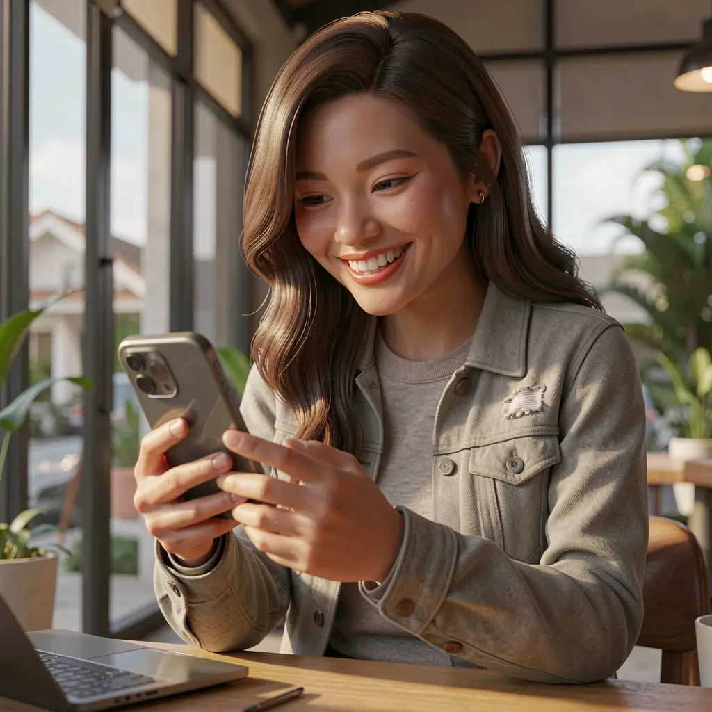 Confident Filipino woman exploring casino games on her smartphone using the FFVIP9 app in a stylish modern indoor setting